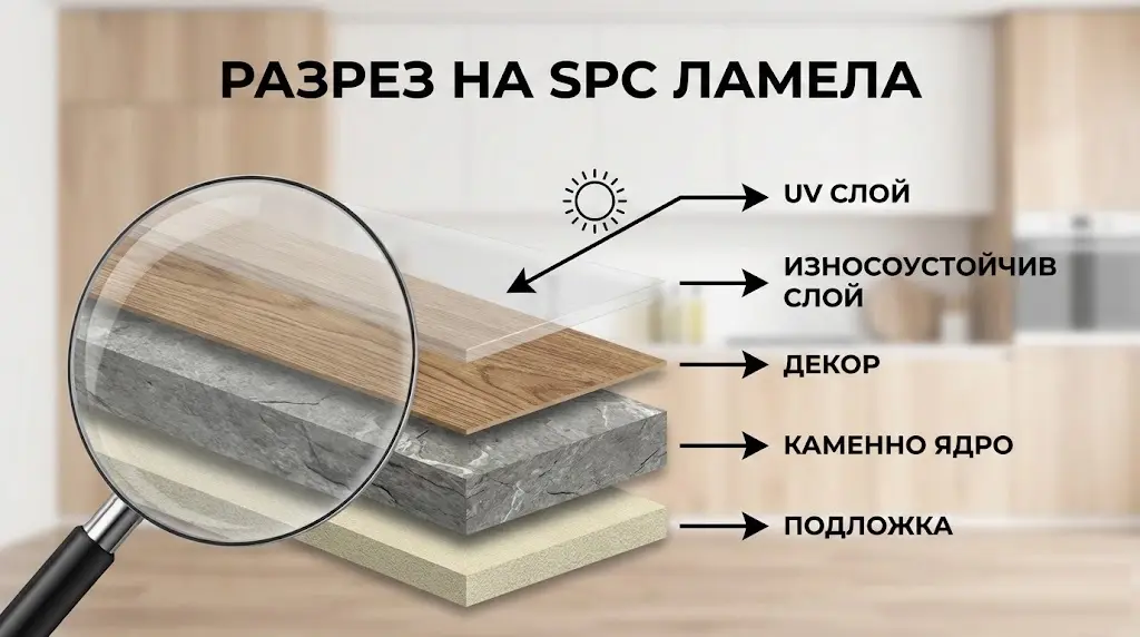 Структура на SPC настилка: UV защита, износоустойчив слой, декор, каменно-полимерно ядро и подложка